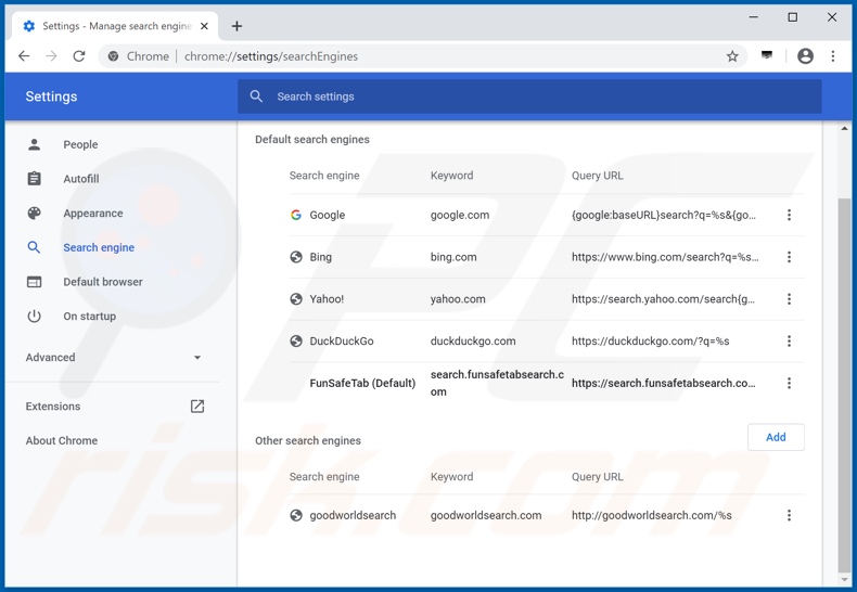 Removing search.funsafetabsearch.com from Google Chrome default search engine