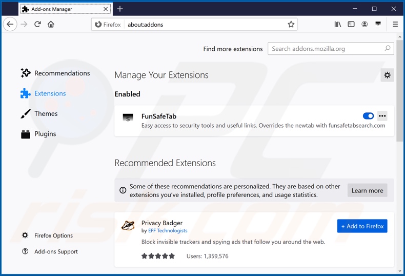 Removing search.funsafetabsearch.com related Mozilla Firefox extensions