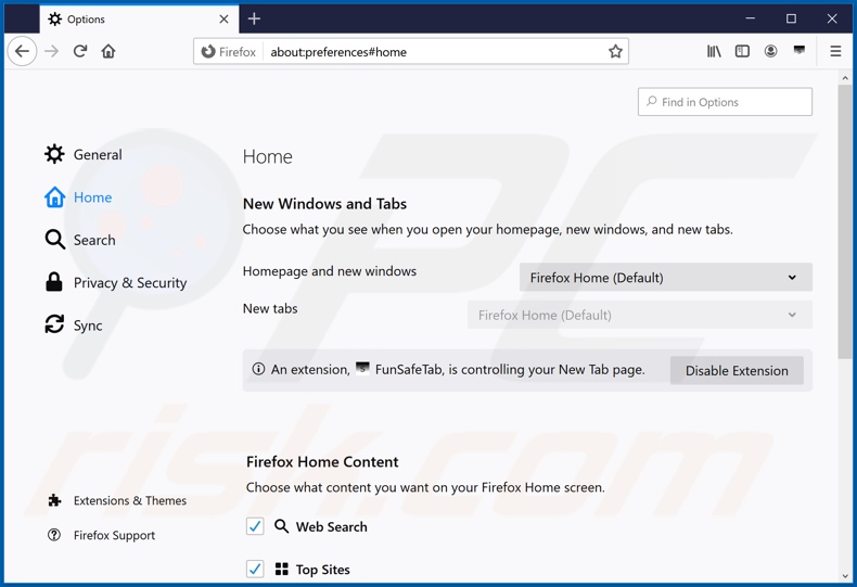 Removing search.funsafetabsearch.com from Mozilla Firefox homepage