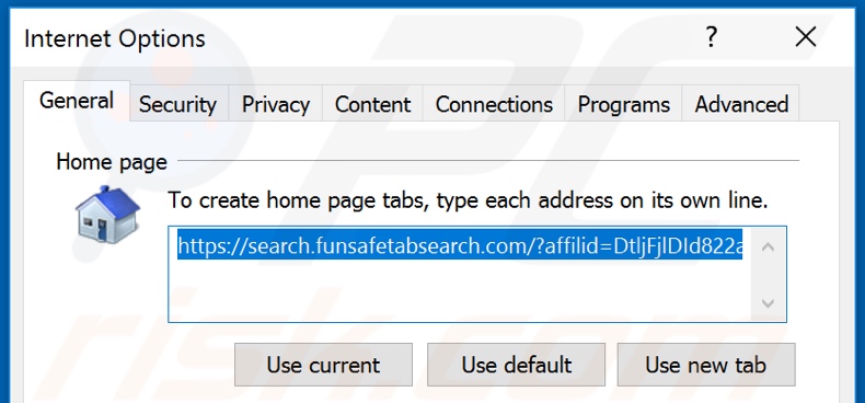 Removing search.funsafetabsearch.com from Internet Explorer homepage
