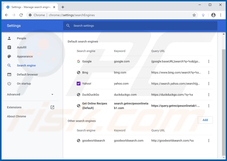 Removing search.getrecipesonlinetab1.com from Google Chrome default search engine