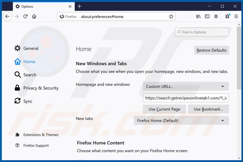 Removing search.getrecipesonlinetab1.com from Mozilla Firefox homepage