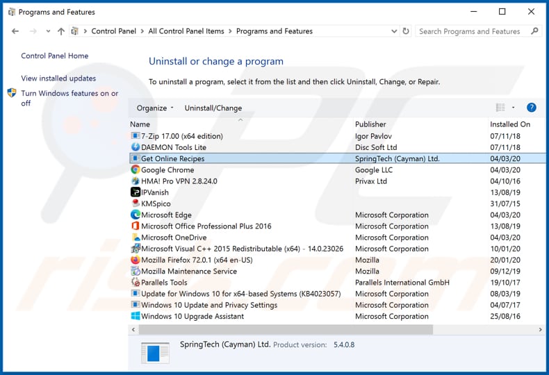 search.getrecipesonlinetab1.com browser hijacker uninstall via Control Panel