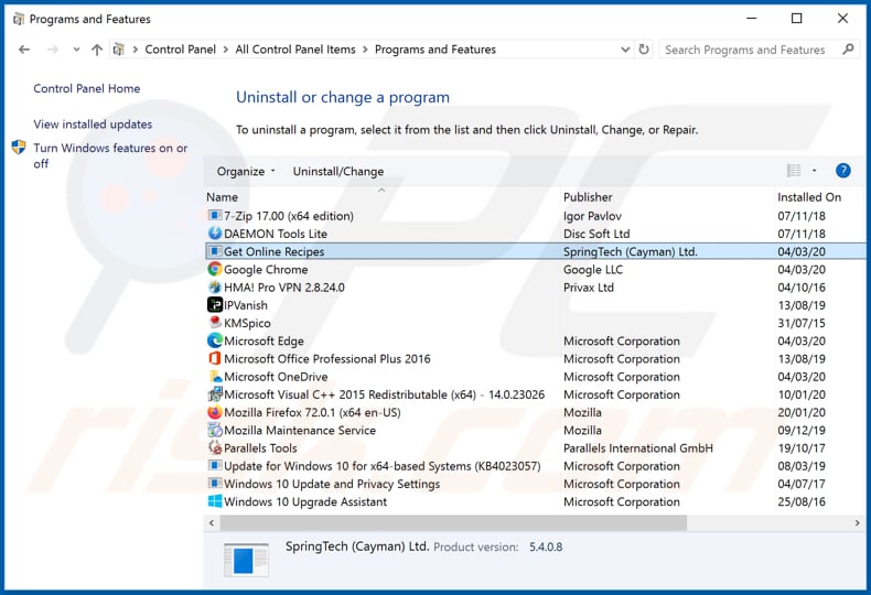 search.getrecipesonlinetab1.com browser hijacker uninstall via Control Panel