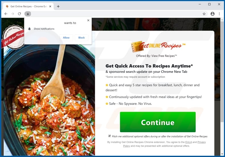 get online recipes browser hijacker promoter