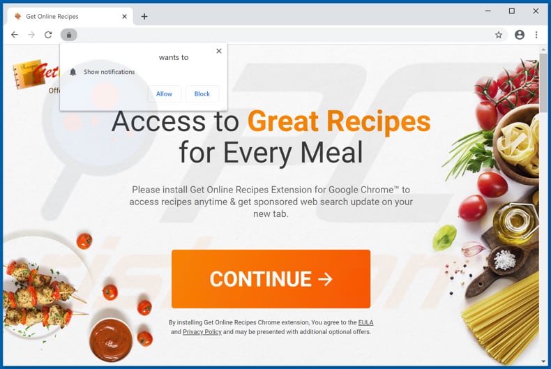 Website used to promote Get Online Recipes browser hijacker