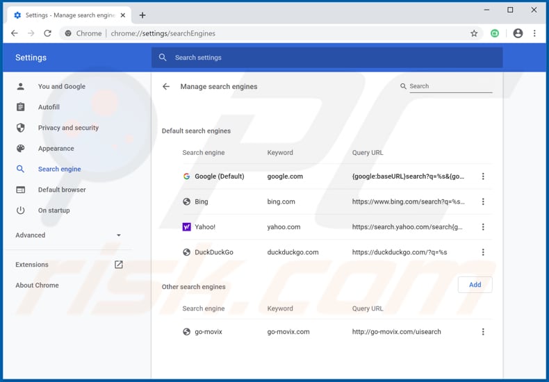 Removing go-movix.com from Google Chrome default search engine