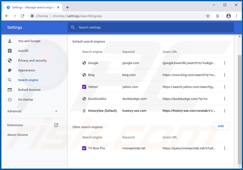 Removing history-see.com from Google Chrome default search engine