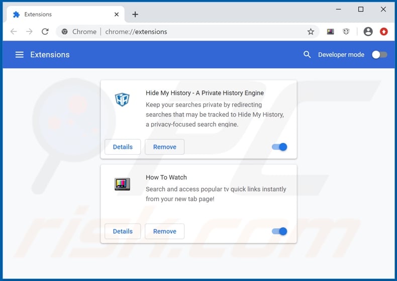 Removing hhowtowatch.live related Google Chrome extensions