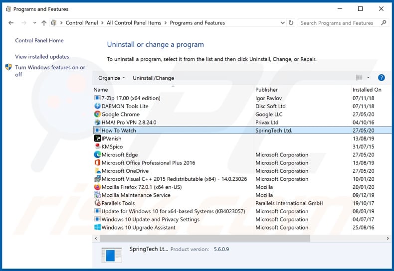 hhowtowatch.live browser hijacker uninstall via Control Panel