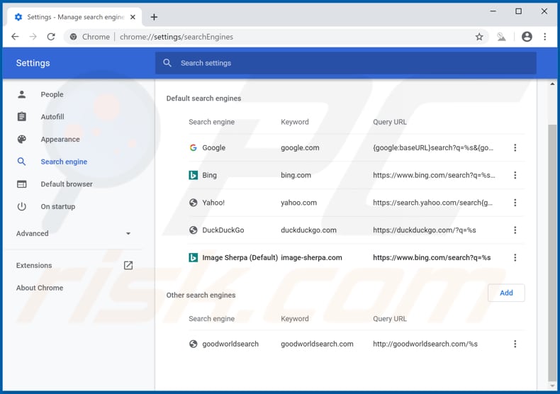 Removing image-sherpa.com from Google Chrome default search engine