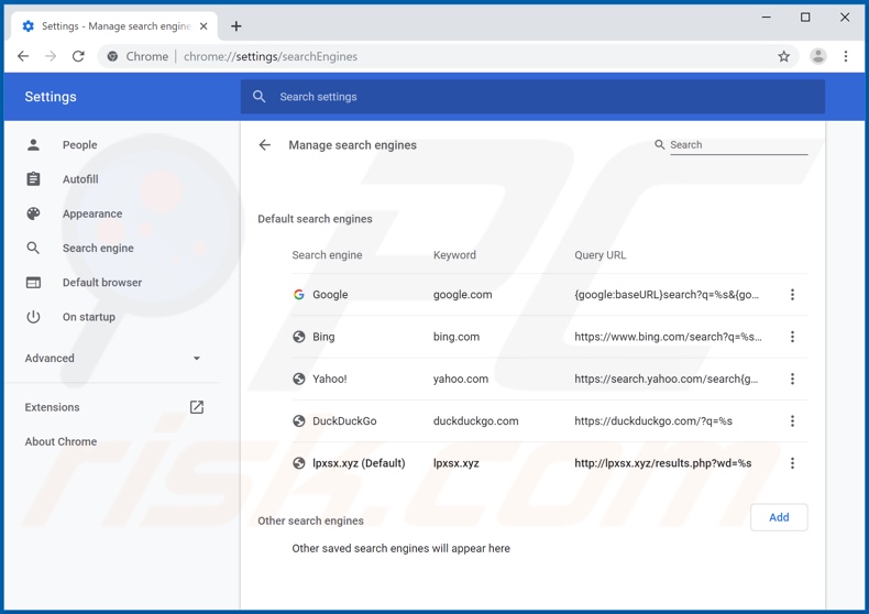 Removing lpxsx.xyz from Google Chrome default search engine