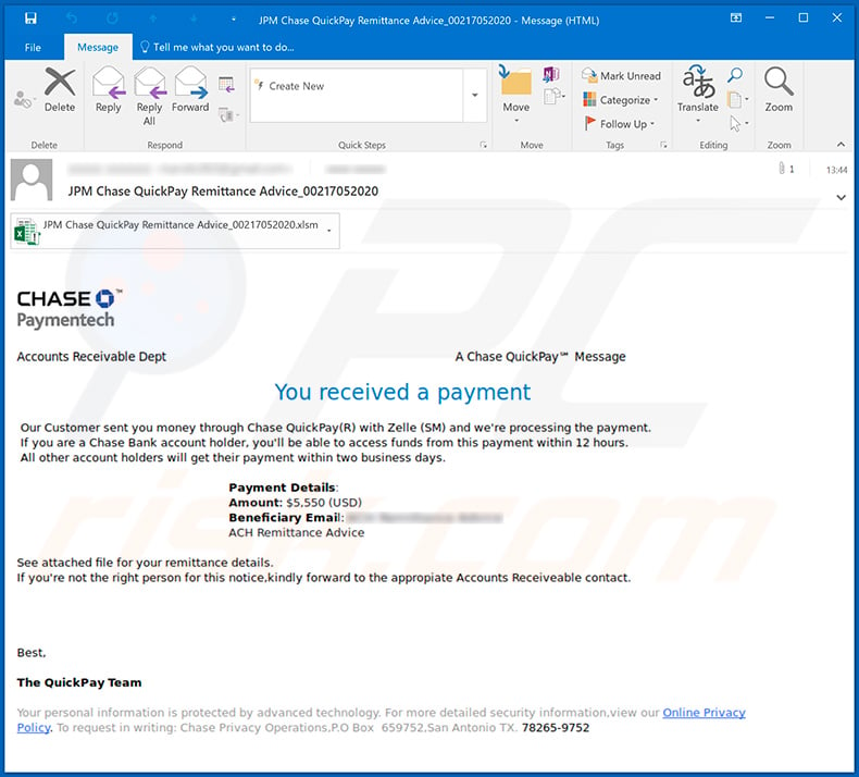 JPMorgan Chase-themed spam email distributing RemcosRAT malware