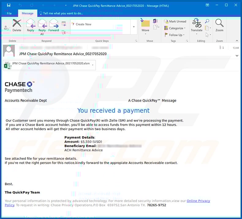 JPMorgan Chase-themed spam email distributing RemcosRAT malware