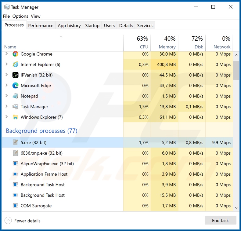 Koti ransomware process on task manager (5.exe)