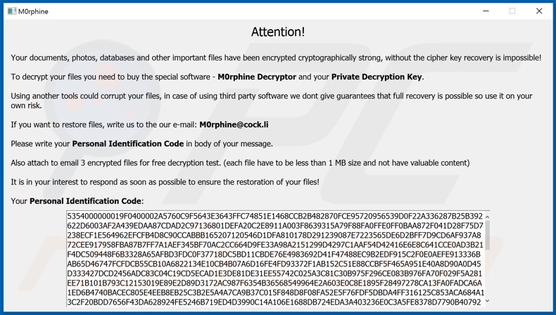 M0rphine ransomware ransom note (# M0rphine Help #.hta)