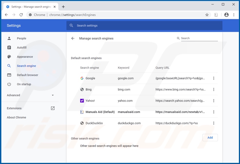 Removing manualsaid.com from Google Chrome default search engine