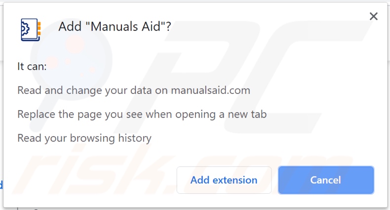 Manuals Aid browser hijacker asking for permissions (Chrome)