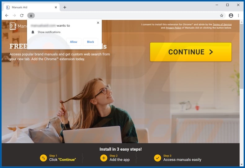 Website used to promote Manuals Aid browser hijacker (Chrome)