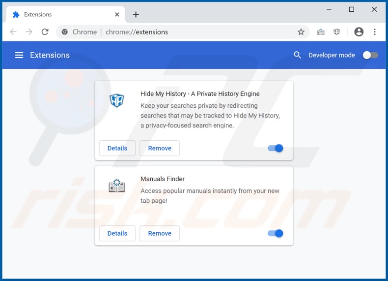 Removing hmanualsfinder.co related Google Chrome extensions