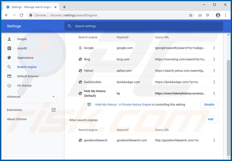 Removing hmanualsfinder.co from Google Chrome default search engine