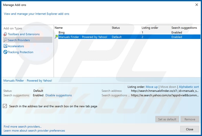 Removing hmanualsfinder.co from Internet Explorer default search engine