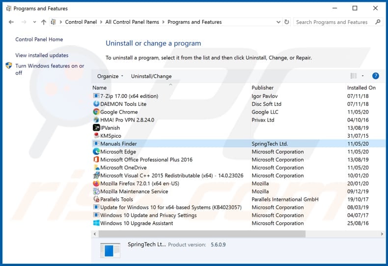 hmanualsfinder.co browser hijacker uninstall via Control Panel