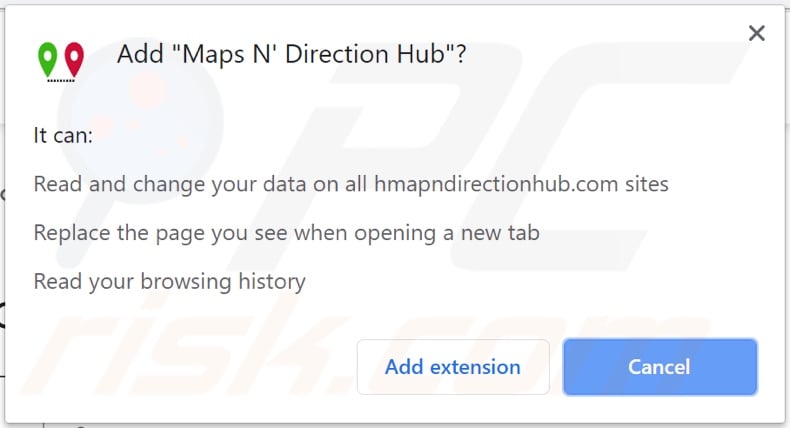 Maps N' Direction Hub browser hijacker asking for permissions