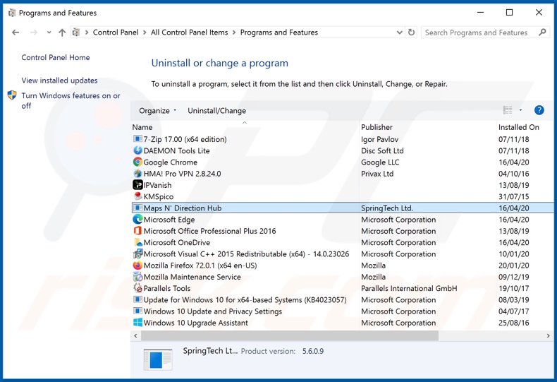 hmapndirectionhub.com browser hijacker uninstall via Control Panel