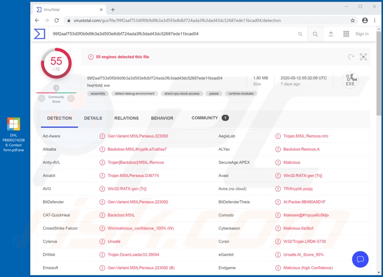 MassLogger malware detection on VirusTotal