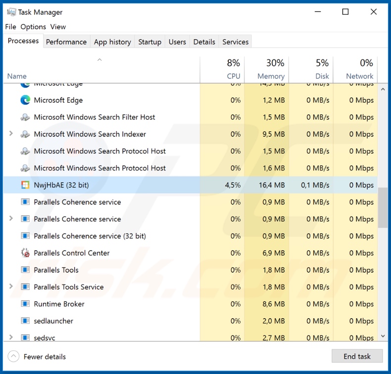 MassLogger malware process on task manager (NwjHbAE)