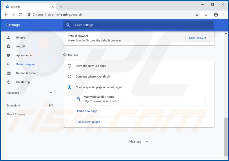 Removing maxwebsearch.com from Google Chrome homepage