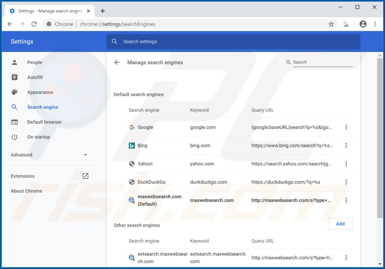 Removing maxwebsearch.com from Google Chrome default search engine