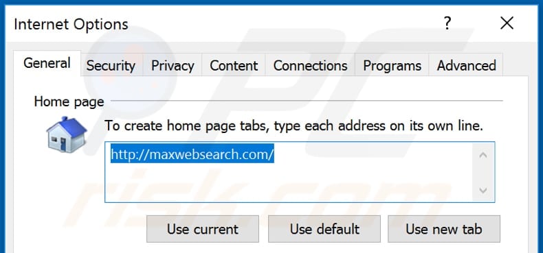 Removing maxwebsearch.com from Internet Explorer homepage