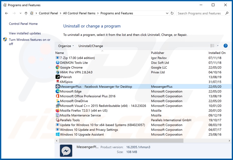 MessengerPlus adware uninstall via Control Panel