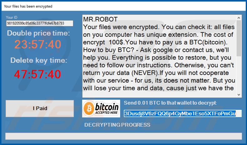 MR.ROBOT ransomware ransom note (pop-up)