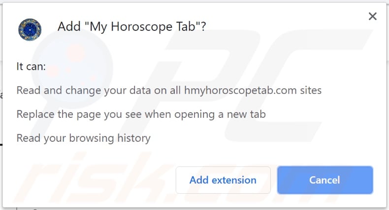 My Horoscope Tab browser hijacker asking for permissions