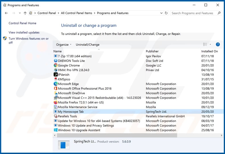 hmyhoroscopetab.com browser hijacker uninstall via Control Panel