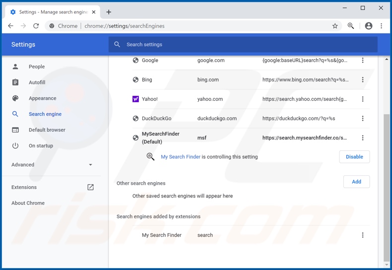 Removing search.mysearchfinder.co from Google Chrome default search engine
