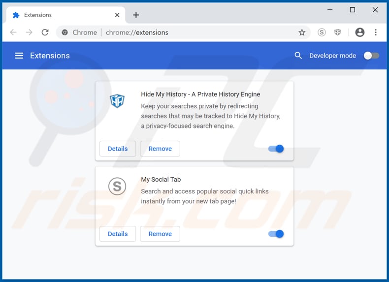 Removing hmysocialtab.net related Google Chrome extensions
