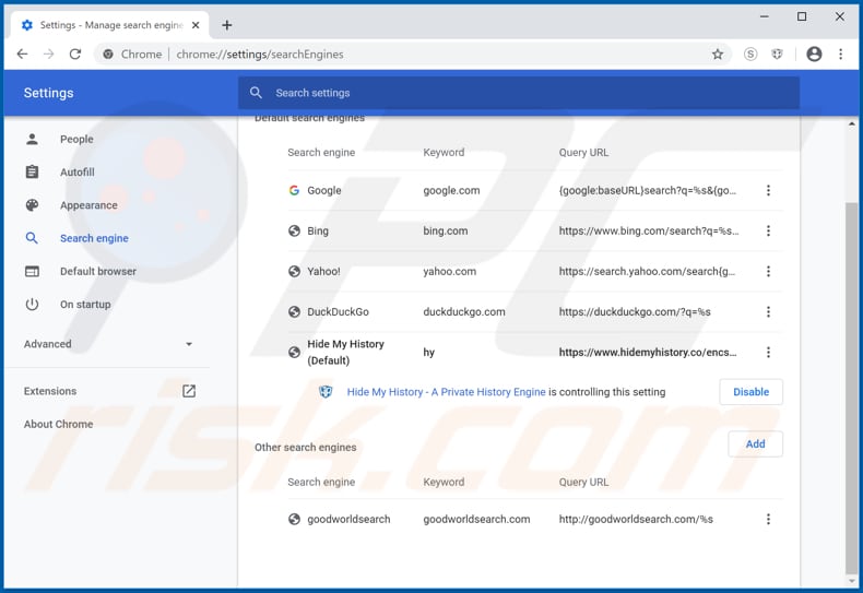 Removing hmysocialtab.net from Google Chrome default search engine