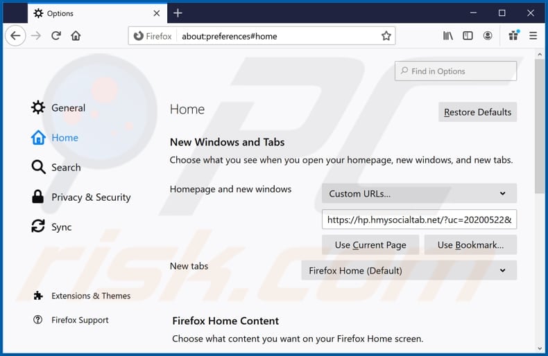 Removing hmysocialtab.net from Mozilla Firefox homepage