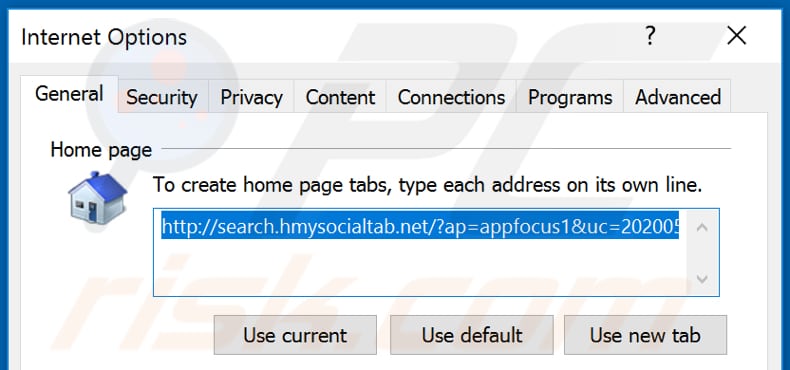 Removing hmysocialtab.net from Internet Explorer homepage