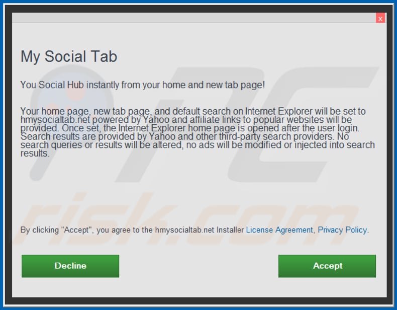Official My Social Tab browser hijacker installation setup