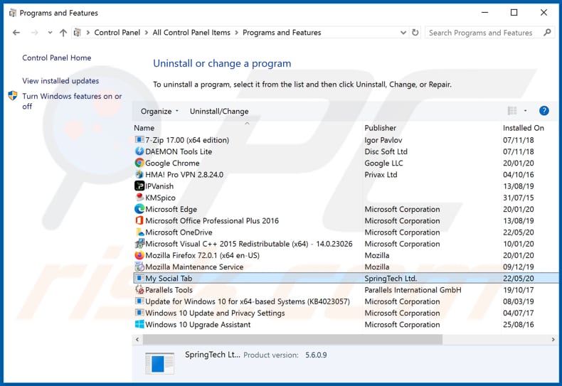 hmysocialtab.net browser hijacker uninstall via Control Panel