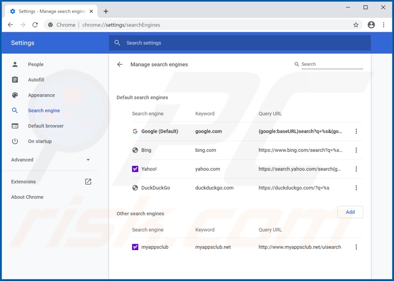 Removing myappsclub[.]net from Google Chrome default search engine