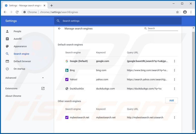 Removing mybestsearch.net from Google Chrome default search engine