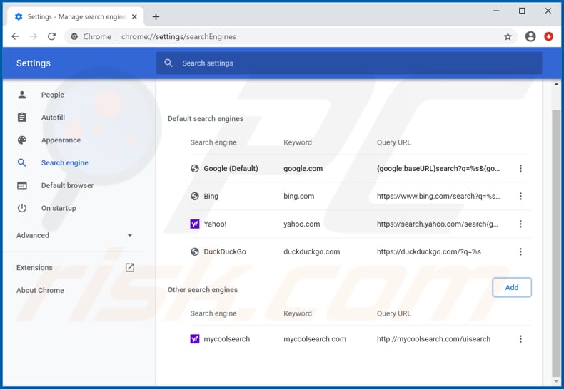 Removing mycoolsearch.com from Google Chrome default search engine