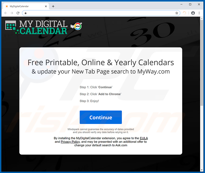 My Digital Calendar browser hijacker-promoting website