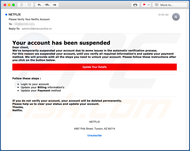 Netflix account suspended email scam